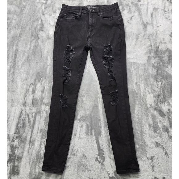 Arizona Jean Co Jeans Womens 7 Juniors Black Distressed Ripped High Rise Jegging - Picture 1 of 13